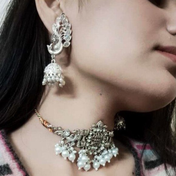 Silver Jewelry Set With Pearls Tribal Silver Tone Jewelry Set - Picture 6 of 10